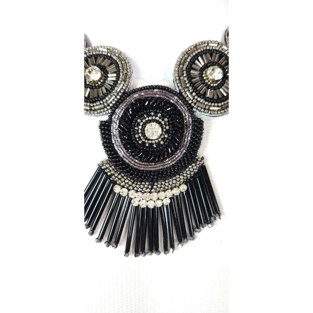 Bling Bead Medallion Bib Necklace Black Silver 19 in. Pageant Formal Glass
